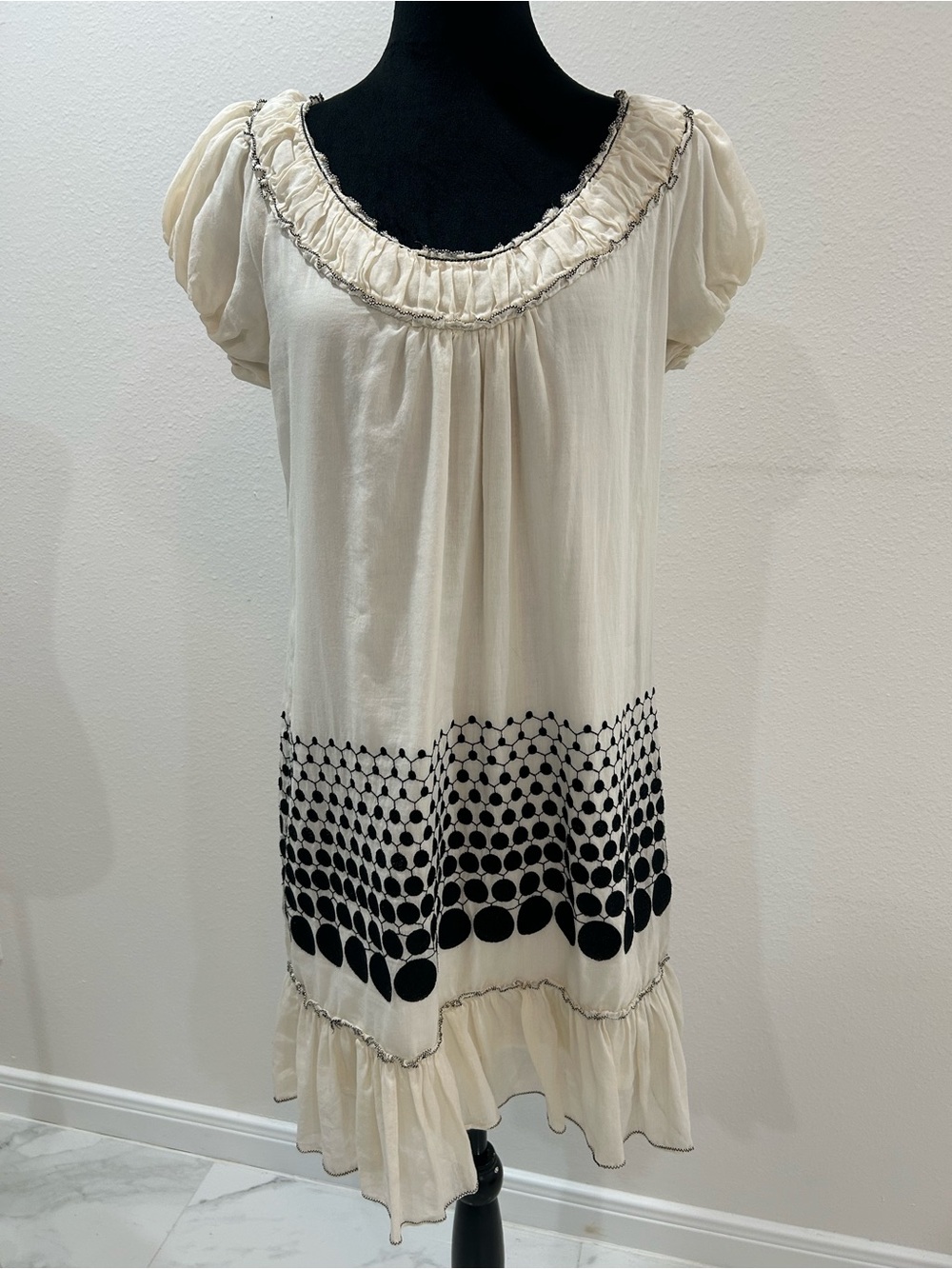 M.J.J.P. By Max Studio Boho Dot-Trim Short Puff Sleeve Shift Dress, Size M